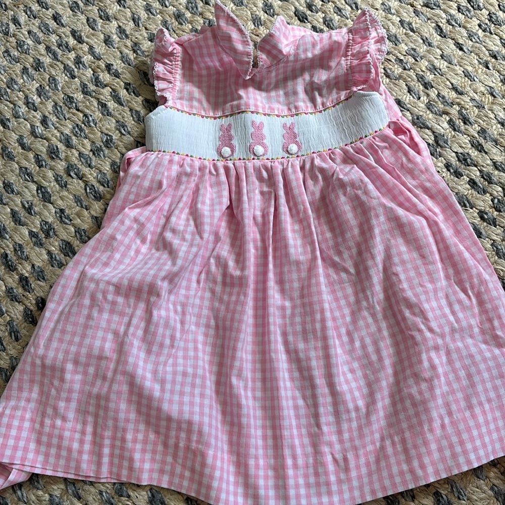 Pink Gingham Dress with Bunny Embroidery